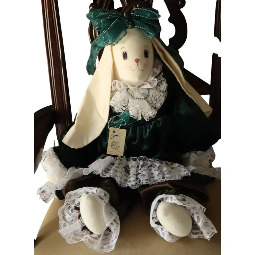 Vintage 80s 90 Handmade Bunny Rabbit Doll Green Velvet Dress Lace Cottagecore